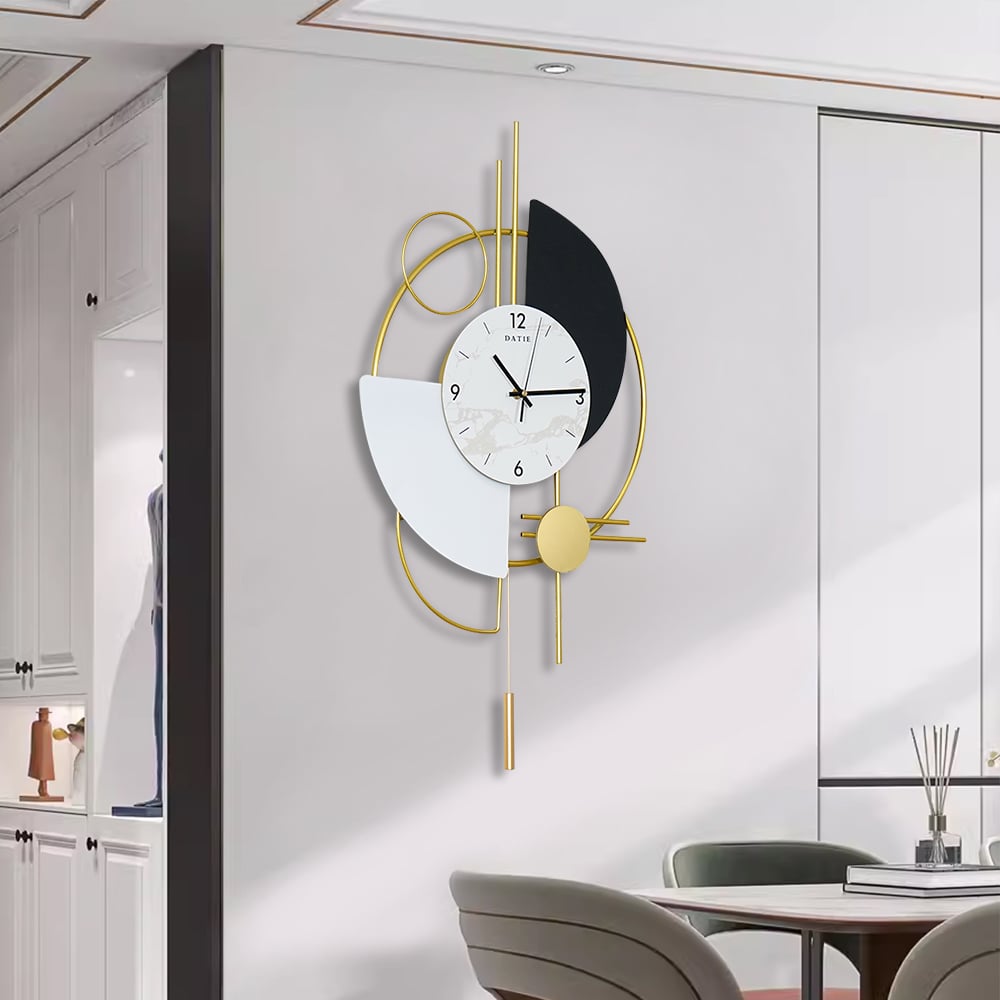 Horloge murale 3D en métal avec pendule, design rond et silencieux