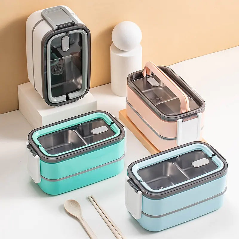 Dual-Layer Stainless Steel Bento Box, Secure Locking Lid